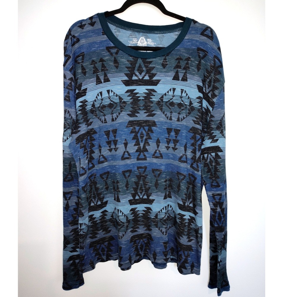 American Rag Mens XXL Blue Southwestern Geometric Waffle Knit Thermal Shirt L/S